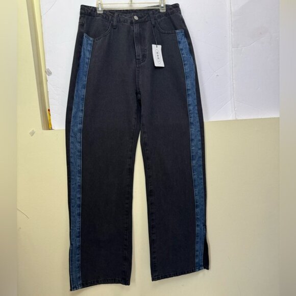 Cider NEW Denim Patchy Jeans Wide Leg Slits Stripe Flare Zip Cotton Colorblock M - Picture 3 of 15